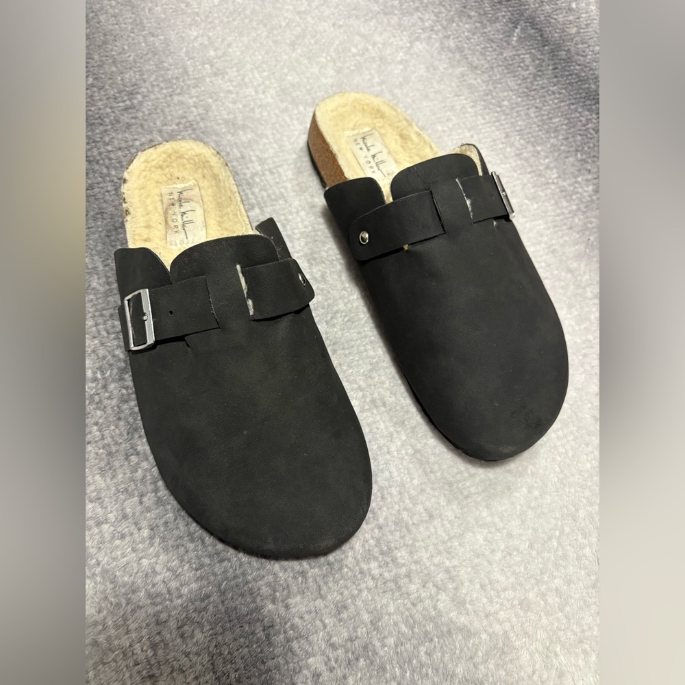 Nicole Miller Black Suede Shearling Interior Casual Clogs Mules Shoes 10